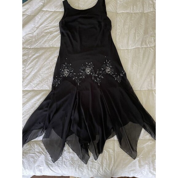 Vintage Y2K 90s Midi Beaded Black Sheer Asymmetrical Scarf Hem Dress Sz 14W - Picture 11 of 15